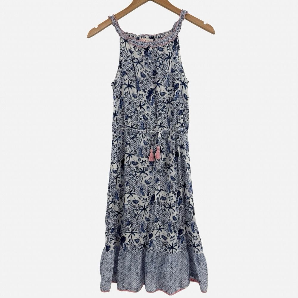 FatFace Girl's Tropical Print Cotton Midi Dress in Blue/White | Size 12/13
